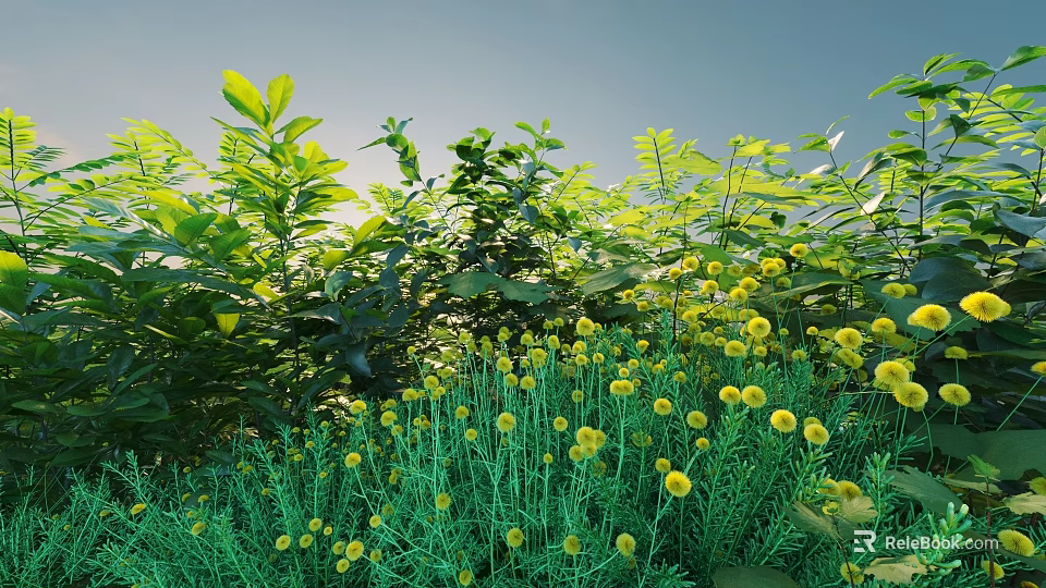 Vibrant Lush Shrubs With Green Leaves And Yellow Flowers In Sunlit Garden 3d model 