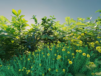 Vibrant Lush Shrubs With Green Leaves And Yellow Flowers In Sunlit Garden 3d model