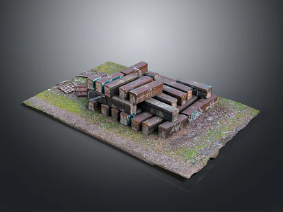 Abandoned Building Model With Rusty Modular Structure On Grass And Dirt Ground 3d model