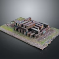 Abandoned Building Model With Rusty Modular Structure On Grass And Dirt Ground 3d model