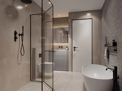 Modern Bathroom Interior With Glass Shower Enclosure Free Standing White Bathtub Neutral Tiles And Vanity 3d model