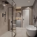 Modern Bathroom Interior With Glass Shower Enclosure Free Standing White Bathtub Neutral Tiles And Vanity