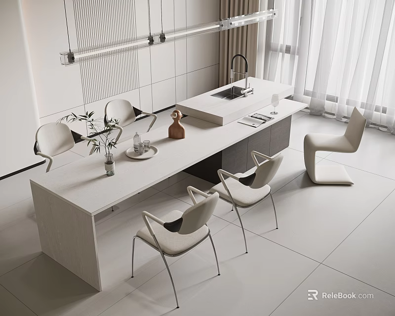 Modern Restaurant Interior Design With White Dining Table Chairs And Lighting Decor 3d model