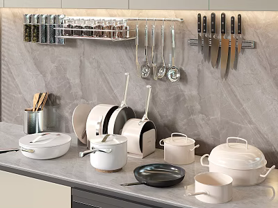 Organized Kitchen Wall With Spice Rack Hanging Utensils Knives Countertop Pots And Frying Pan 3d model