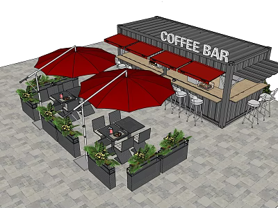 Outdoor Coffee Bar With Red Umbrellas Seating Tables And Green Plants 3d model