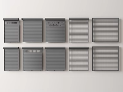 Grey Window Blind Panels With Various Slat Patterns Arranged On White Background 3d model