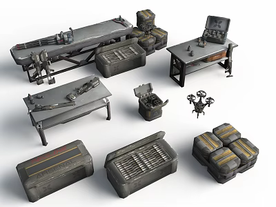 Weapon Tools And Equipment On Military Workbench With Storage Cases And Drone 3d model