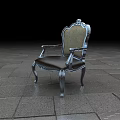 Vintage Accent Chair with Silver Carved Frame and Dark Upholstered Seat