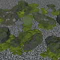 Green Plants With Moss Covered Stones And Small Lanterns In Zen Gravel Garden