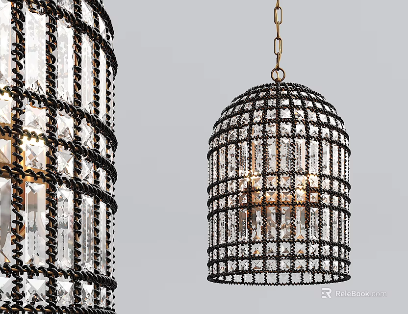 Cage Shaped Chandelier With Black Metal Frame And Crystal Decorations For Interior Decor 3d model 