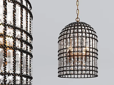 Cage Shaped Chandelier With Black Metal Frame And Crystal Decorations For Interior Decor 3d model