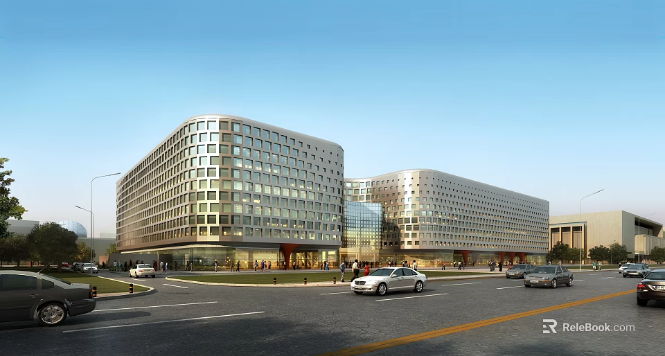 Bustling Modern Commercial Street With Glass Facade Buildings Pedestrians And Moving Vehicles 3d model 