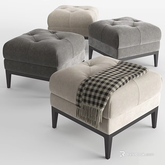 Modern Gray and Beige Ottoman with Plaid Blanket Fringe and Dark Wooden Legs 3d model 