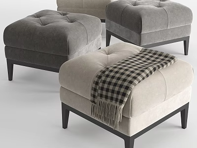 Modern Gray and Beige Ottoman with Plaid Blanket Fringe and Dark Wooden Legs 3d model