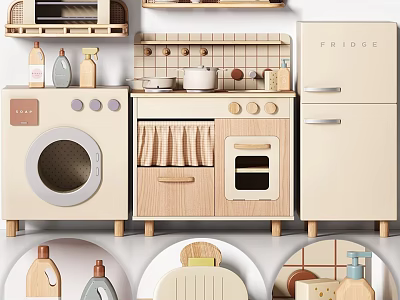 Adorable Mini Kitchen Set With Fridge Washing Machine Oven And Wooden Cabinets 3d model