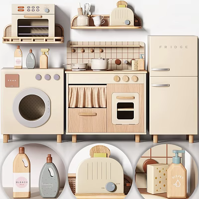 Adorable Mini Kitchen Set With Fridge Washing Machine Oven And Wooden Cabinets 3d model