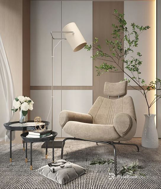 Beige Modern Single Sofa with Curved Design Floor Lamp and Green Plant in Minimalist Interior 3d model 