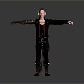 3D Character Model Standing With Arms Outstretched In Black Jacket Red Lining And Arm Tattoo
