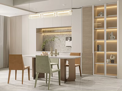 Modern Elegant Restaurant Interior With Dining Table Colorful Chairs Soft Lighting And Display Cabinets 3d model