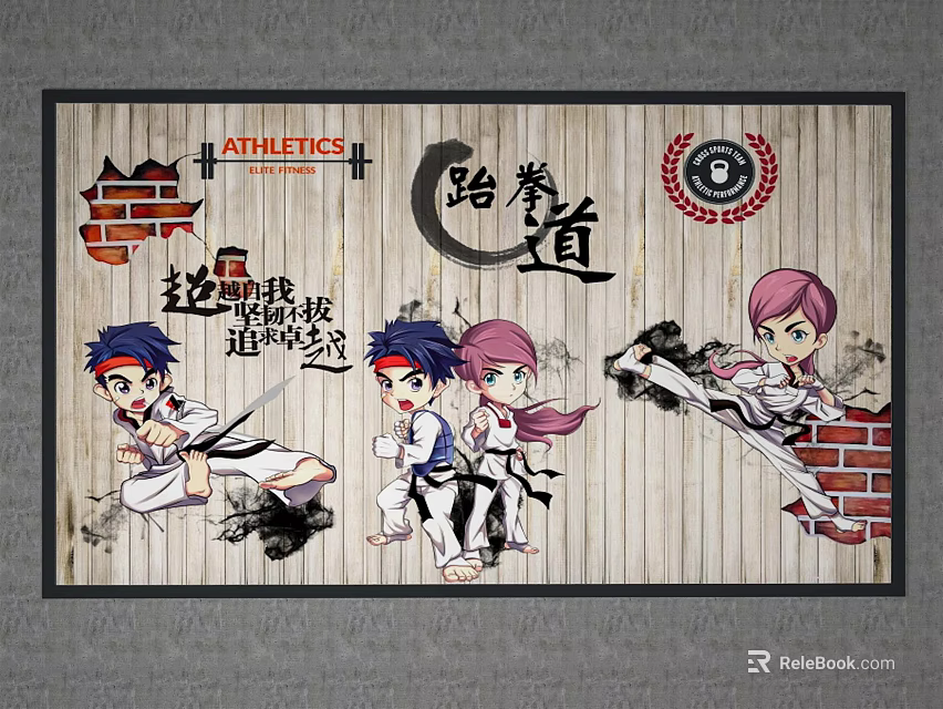 Cartoon Taekwondo Characters Training Poses With Brick Wall And Athletics Theme 3d model 