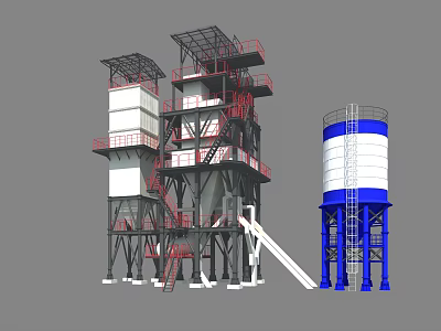 Industrial Equipment Tower Structure Multi Level Platforms Red Stairs Blue White Storage Tank Ladder 3d model