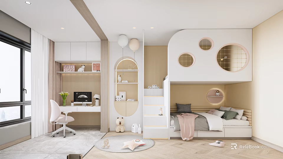 Kids Room Interior With Bunk Bed Study Desk Circular Decor And Soft Tones 3d model 