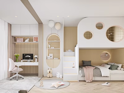 Kids Room Interior With Bunk Bed Study Desk Circular Decor And Soft Tones 3d model