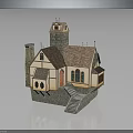 Traditional Church Building With Tower Red Tile Roof Arched Windows And Stone Steps
