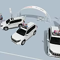Exhibition Booth Displaying Three White SUVs with Roof Cargo Arched Canopy Backdrop and Banner Stands