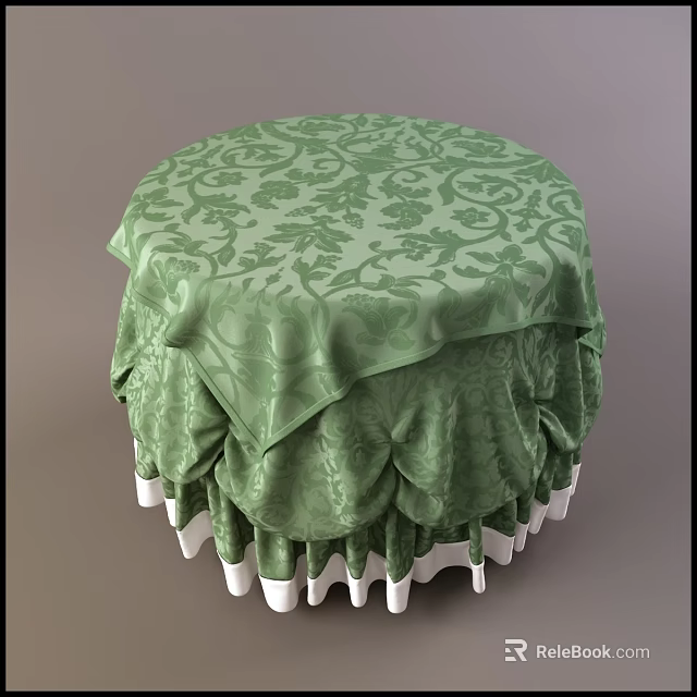 Elegant Round Table With Green Floral Patterned Tablecloth And White Ruffled Edges 3d model 