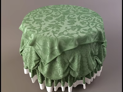 Elegant Round Table With Green Floral Patterned Tablecloth And White Ruffled Edges 3d model