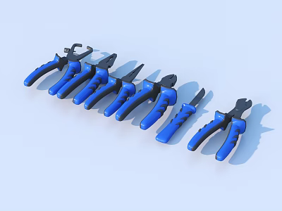 Various Types of Hardware Tools Pliers with Blue Handles Neatly Arranged 3d model