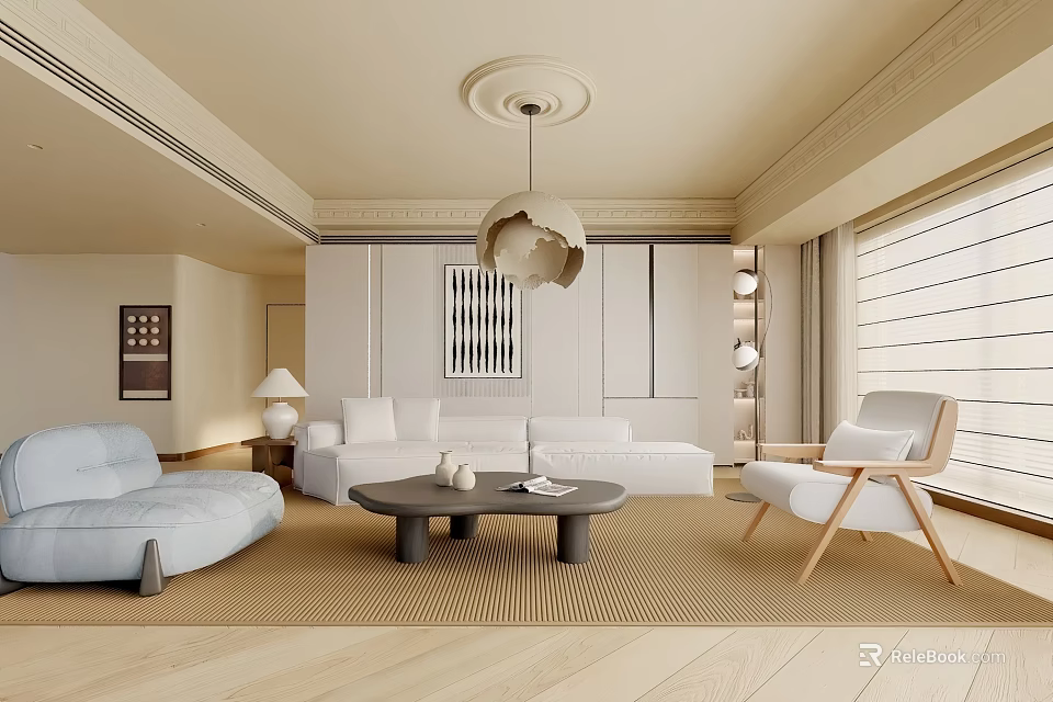 Minimalist Modern Luxury Living Room Interior With Beige Sofa Round Coffee Table And Wooden Flooring 3d model 