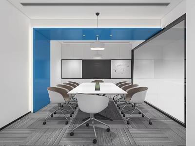 Modern Meeting Room Design With Blue Accent Wall White Long Table And Chairs 3d model