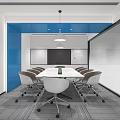 Modern Meeting Room Design With Blue Accent Wall White Long Table And Chairs