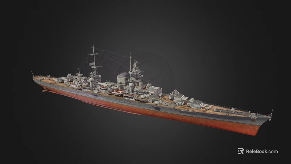 Detailed Historical Battleship Model Featuring Turrets Masts And Red Bottom Hull 3d model 
