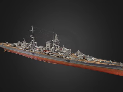 Detailed Historical Battleship Model Featuring Turrets Masts And Red Bottom Hull 3d model