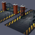 Entrance Gate With Brick Pillars Black Iron Design And Yellow Warning Stripes On Ground