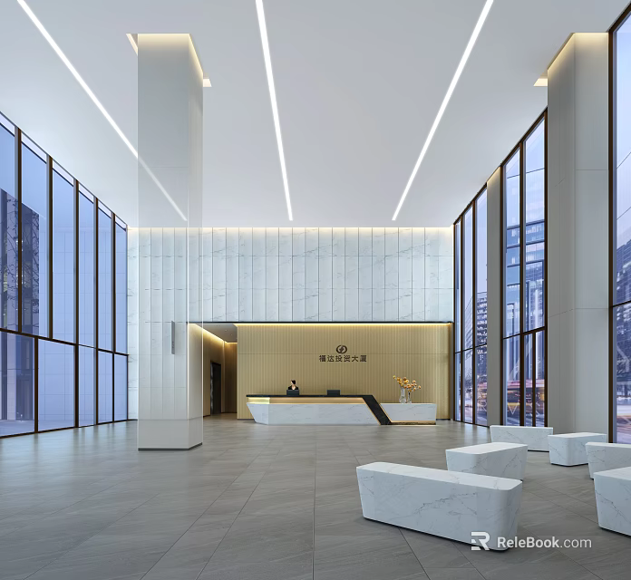Modern Lobby Front Desk Reception With Floor to Ceiling Windows White Pillars And Marble Walls 3d model 