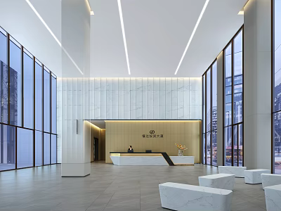 Modern Lobby Front Desk Reception With Floor to Ceiling Windows White Pillars And Marble Walls 3d model