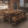 Cozy Wooden Dining Table Set With Four Chairs Fruit Bowl Candle Holders And Vase