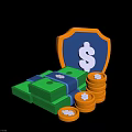 Blue And Yellow Border Shield With Dollar Sign And Stacked Green Dollar Bills With Coins