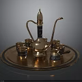 Vintage Copper Teapot Set With Small Cups On Round Tray