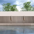 Modern Minimalist Architectural Exterior Wall With Wooden Grille Glass And Green Plants