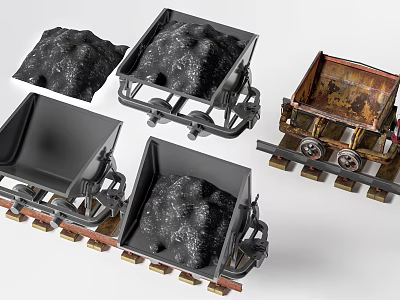 Multiple Heavy Duty Functional Mining Vehicles Loaded with Ore on Steel Tracks and Metal Wheels 3d model