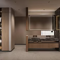 Modern Bathroom Interior With Marble Walls Wooden Cabinets Built-in Mirror And Double Sinks