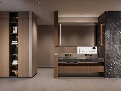 Modern Bathroom Interior With Marble Walls Wooden Cabinets Built-in Mirror And Double Sinks 3d model