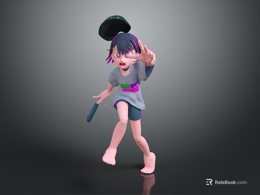 Woman 3D Character With Black Hat Purple Streaked Hair Grey Shirt Pink Belt Reaching Hand 3d model 