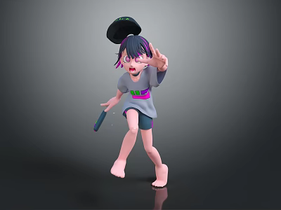 Woman 3D Character With Black Hat Purple Streaked Hair Grey Shirt Pink Belt Reaching Hand 3d model
