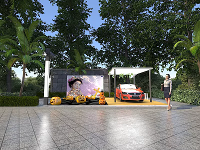 Outdoor Covered Parking Area With Palm Trees Red Car Large Screen Pumpkin Decorations And Woman 3d model